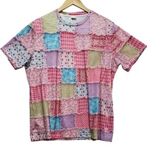Pink Patchwork Print Crewneck T-Shirt Faux Quilt Graphic Tee Womens XL